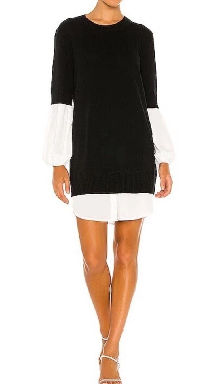 Brochu Walker Black Wool Crew Neck Long Sleeve Layer Look Sweater Dress XS